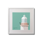 Illustration of Haulbowline lighthouse on an ocean green background,  in a white square frame measuring 20x20cm.
