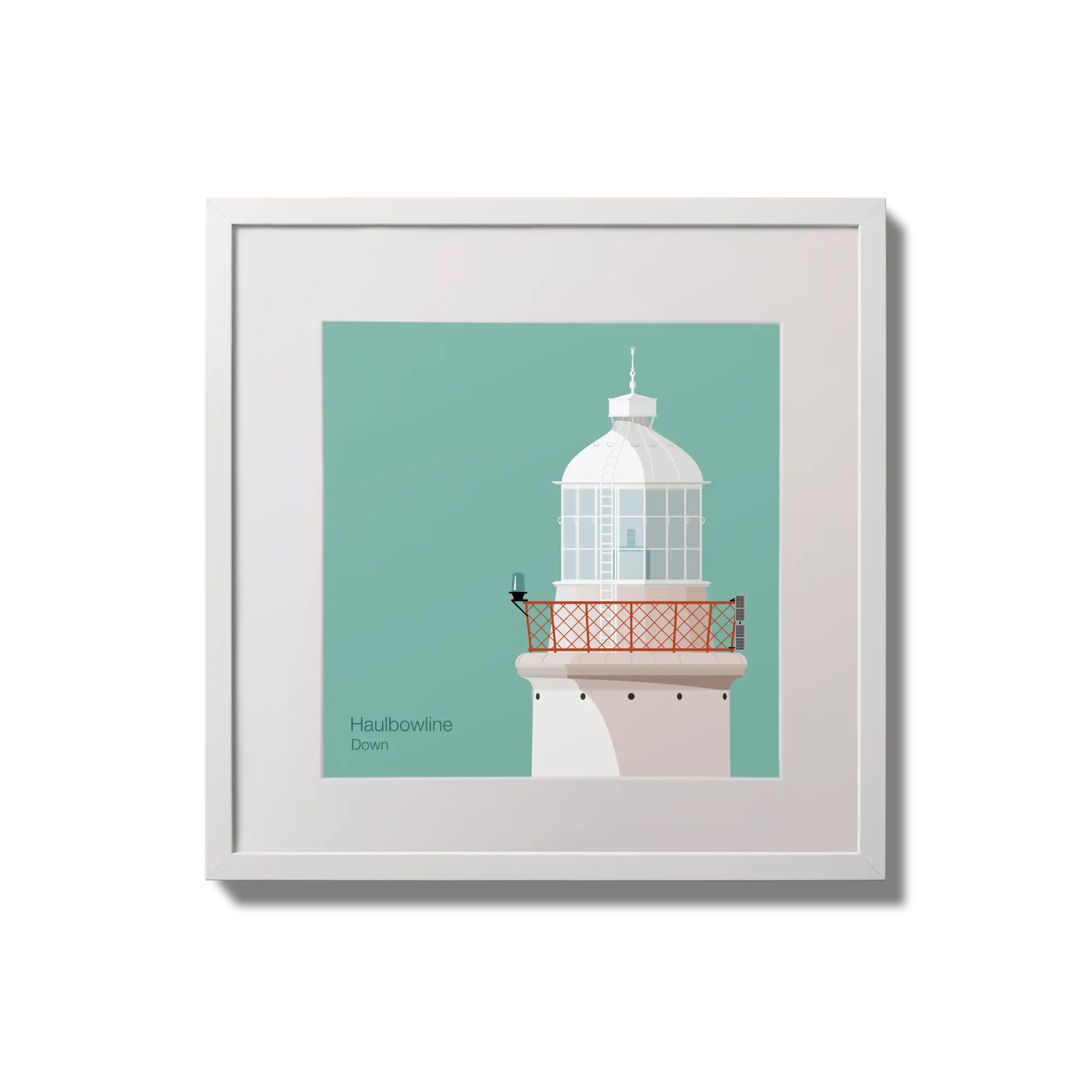 Illustration of Haulbowline lighthouse on an ocean green background,  in a white square frame measuring 20x20cm.