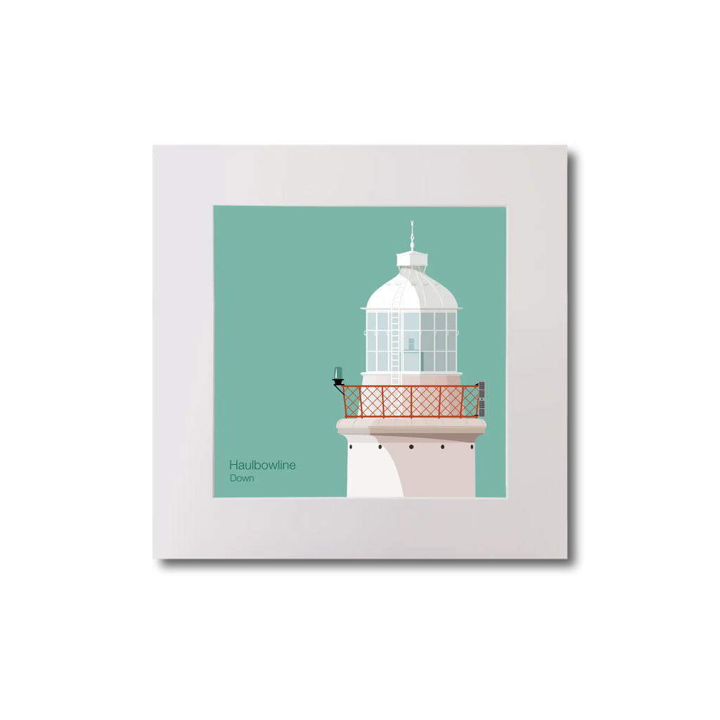 Illustration of Haulbowline lighthouse on an ocean green background, mounted and measuring 20x20cm.
