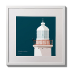 Illustration of Haulbowline lighthouse on a midnight blue background,  in a white square frame measuring 30x30cm.