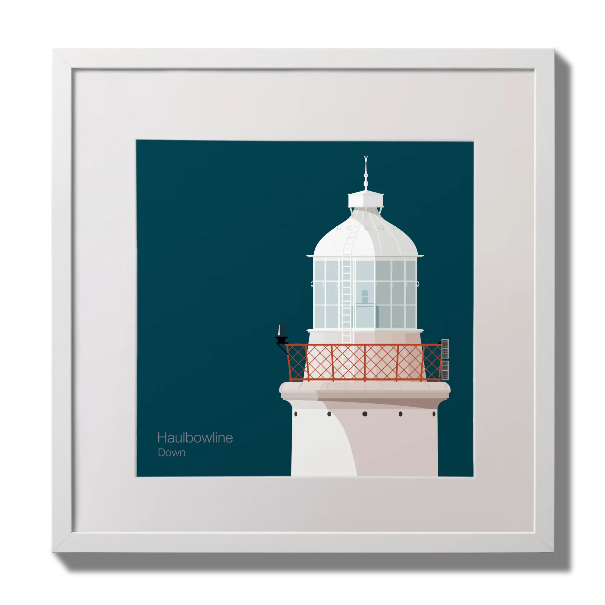Illustration of Haulbowline lighthouse on a midnight blue background,  in a white square frame measuring 30x30cm.