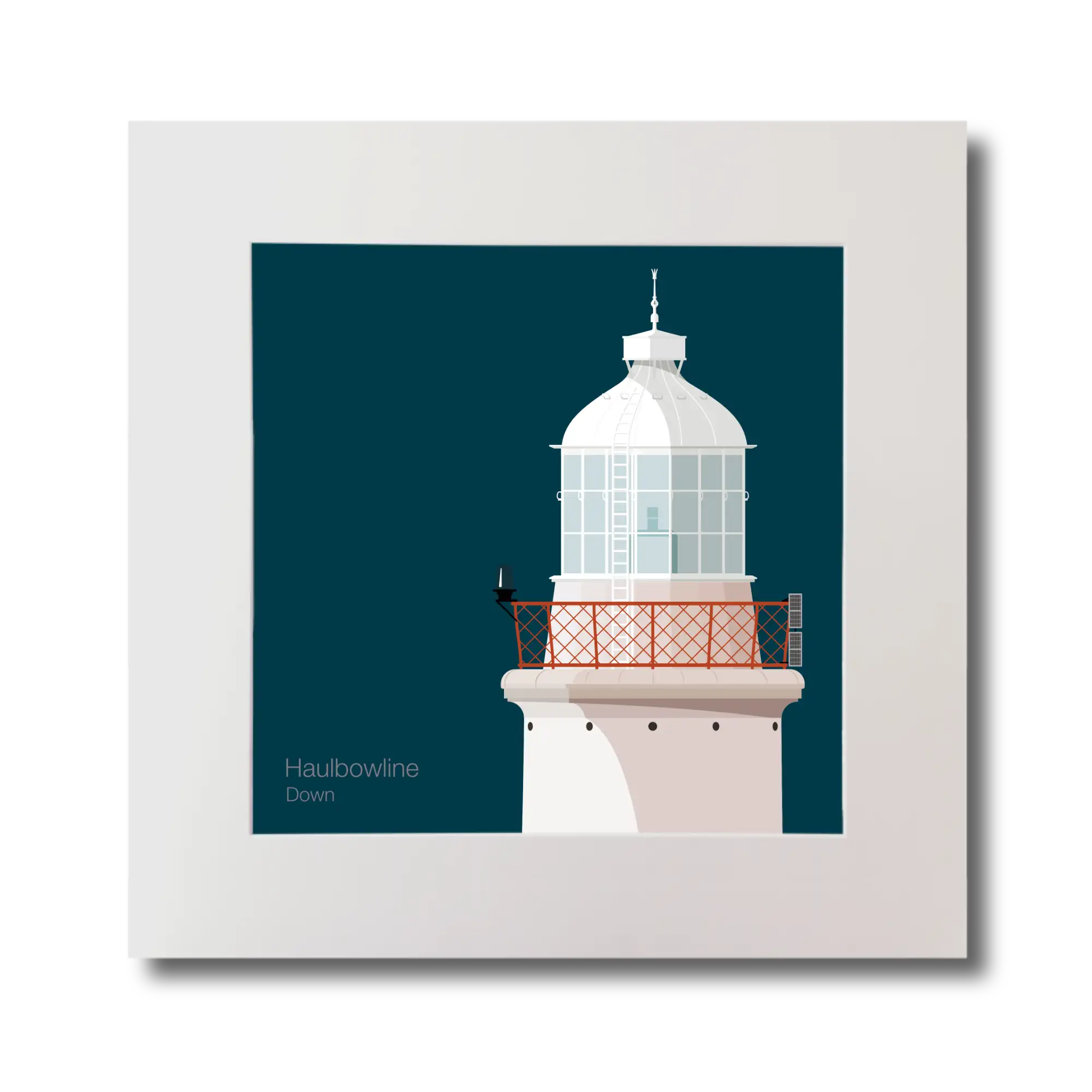 Illustration of Haulbowline lighthouse on a midnight blue background, mounted and measuring 30x30cm.