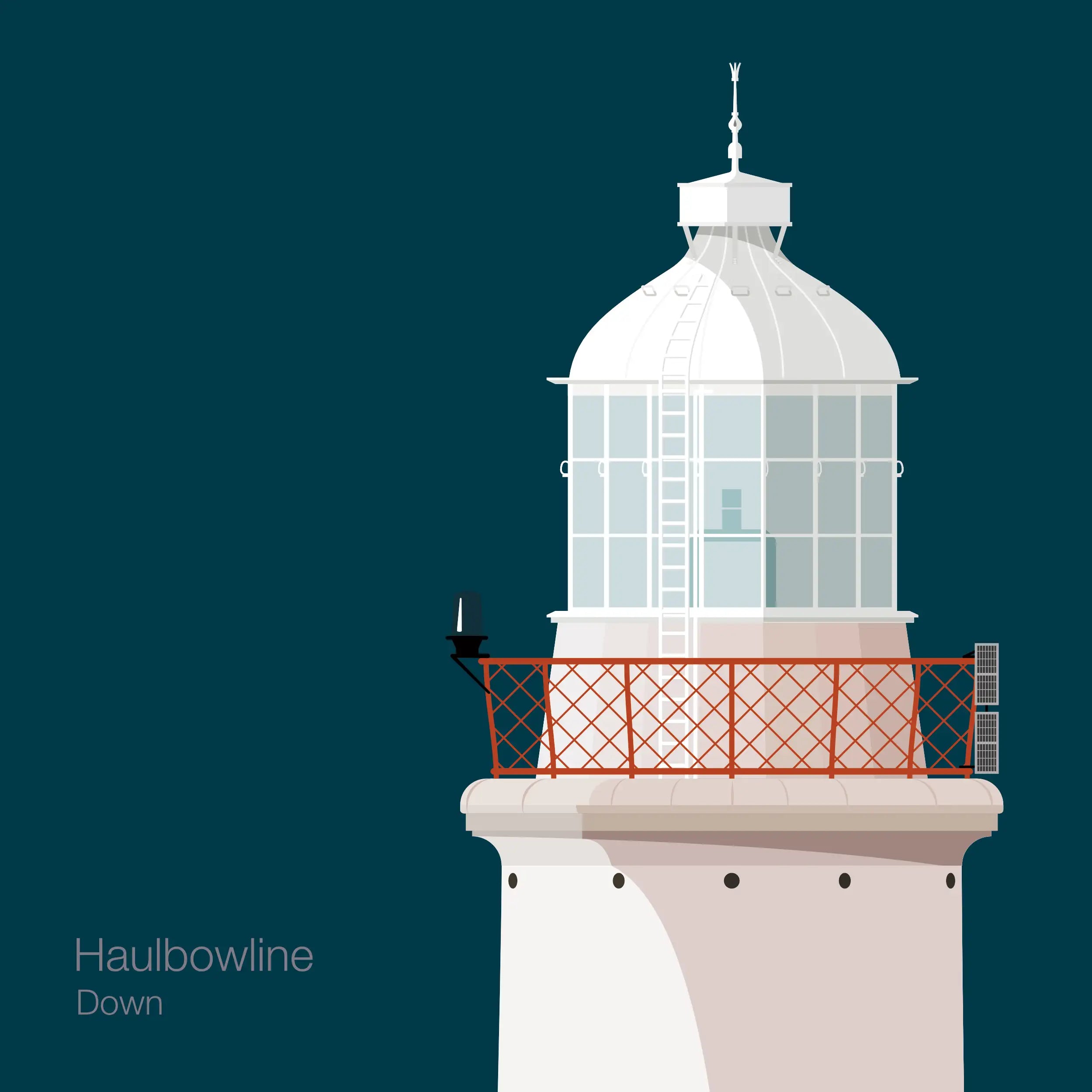 Illustration of Haulbowline lighthouse on a midnight blue background