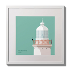Illustration of Haulbowline lighthouse on an ocean green background,  in a white square frame measuring 30x30cm.
