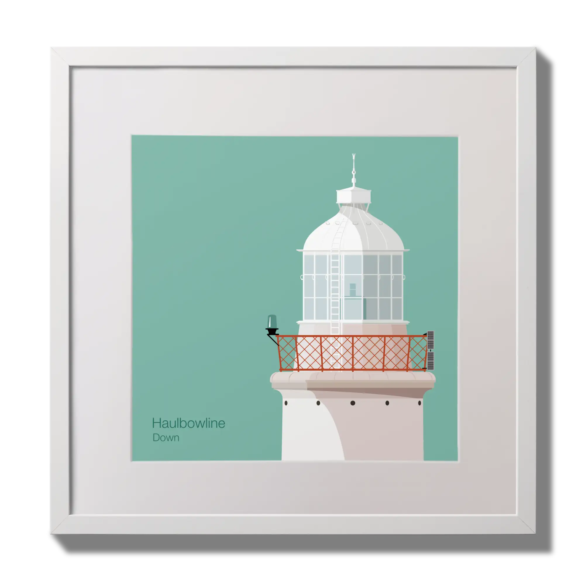 Illustration of Haulbowline lighthouse on an ocean green background,  in a white square frame measuring 30x30cm.