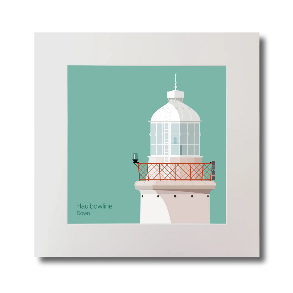 Illustration of Haulbowline lighthouse on an ocean green background, mounted and measuring 30x30cm.