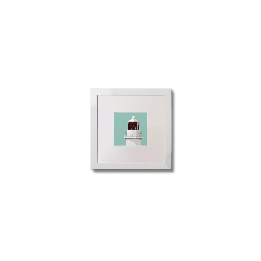 Illustration of Rockabill lighthouse on an ocean green background,  in a white square frame measuring 10x10cm.