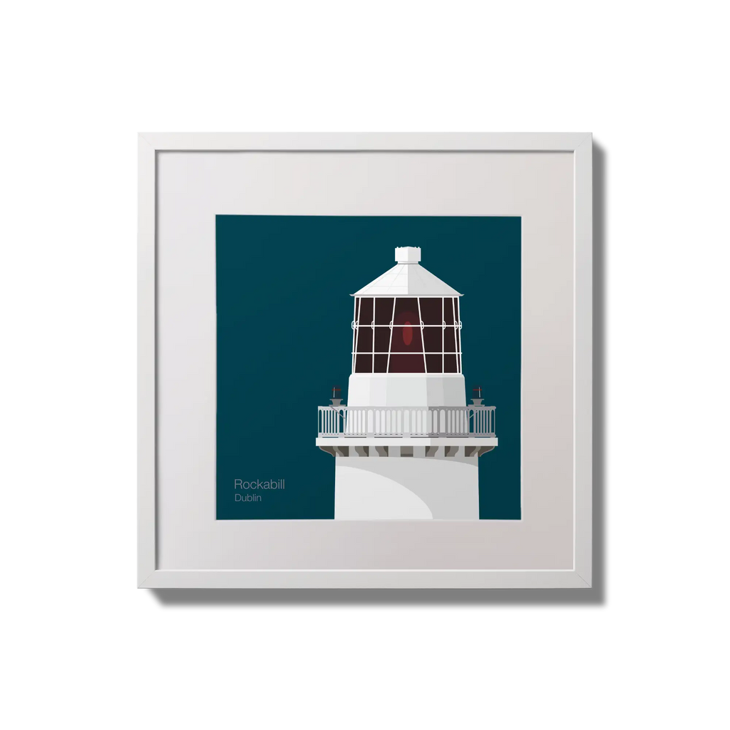 Illustration of Rockabill lighthouse on a midnight blue background,  in a white square frame measuring 20x20cm.