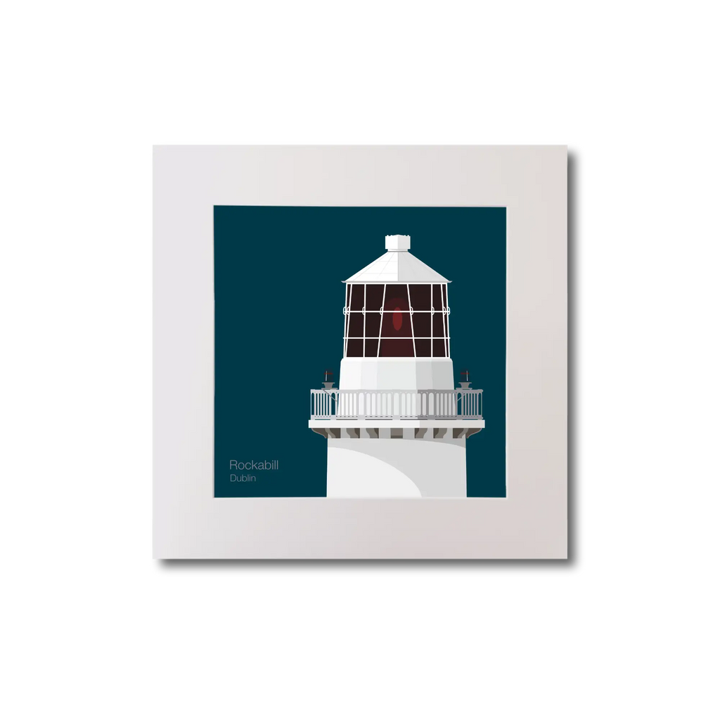 Illustration of Rockabill lighthouse on a midnight blue background, mounted and measuring 20x20cm.