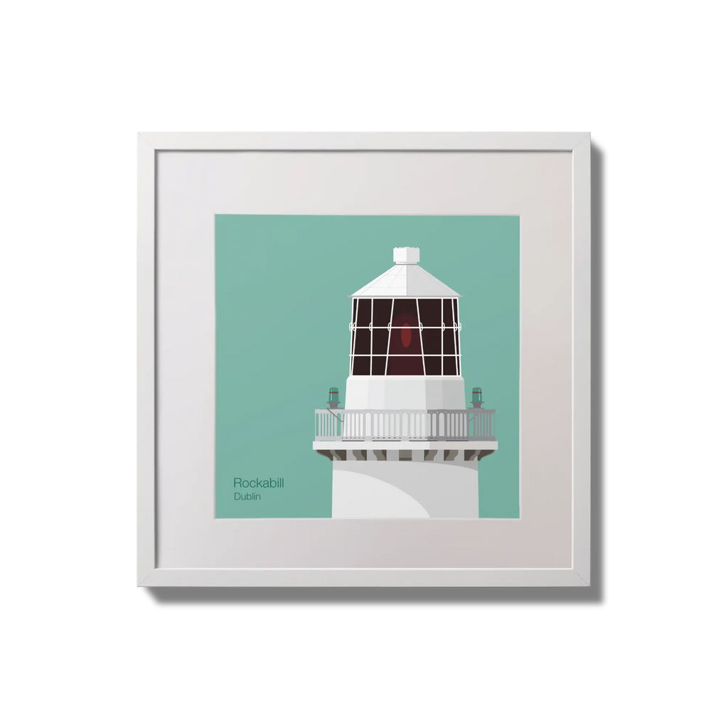 Illustration of Rockabill lighthouse on an ocean green background,  in a white square frame measuring 20x20cm.