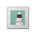 Illustration of Rockabill lighthouse on an ocean green background,  in a white square frame measuring 20x20cm.
