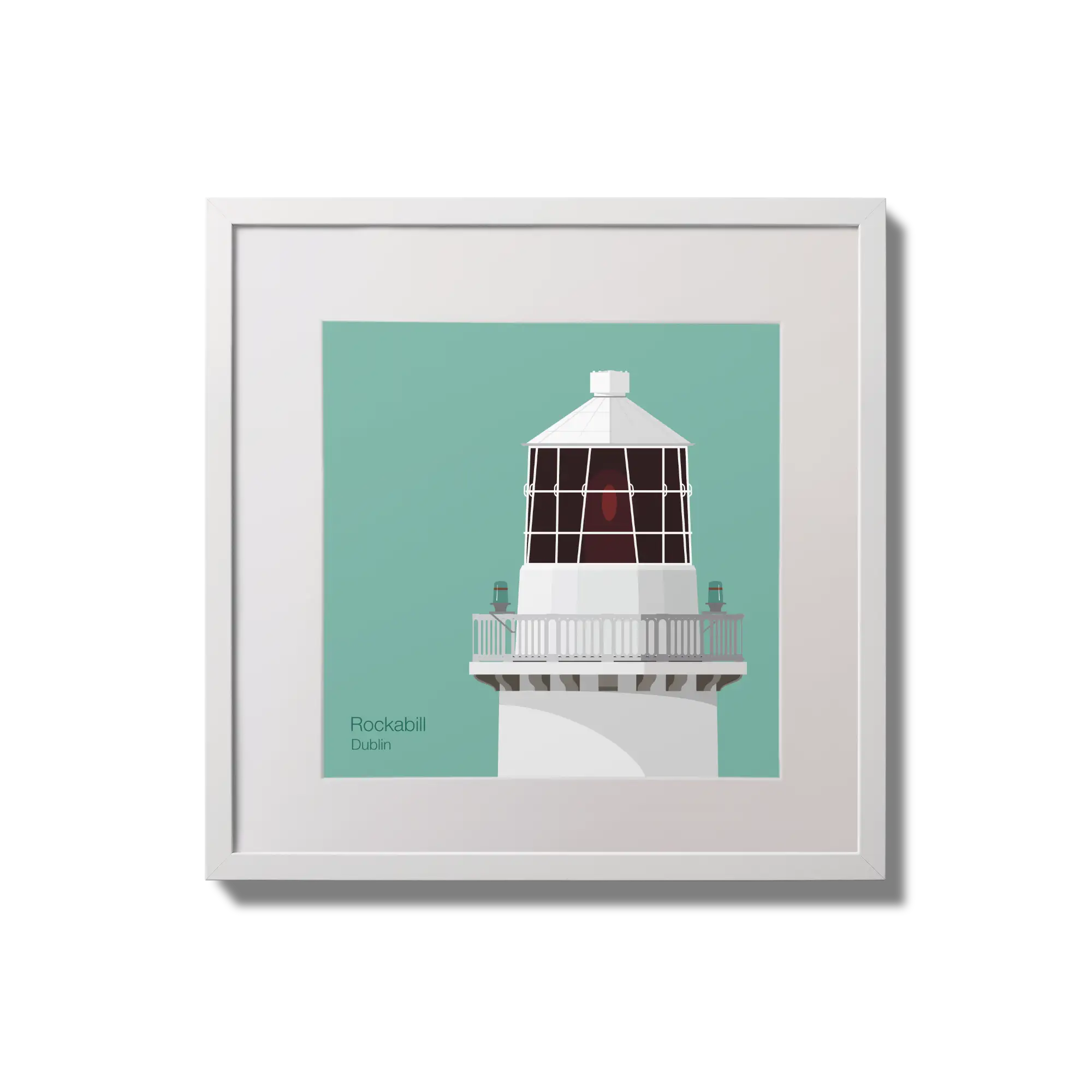 Illustration of Rockabill lighthouse on an ocean green background,  in a white square frame measuring 20x20cm.