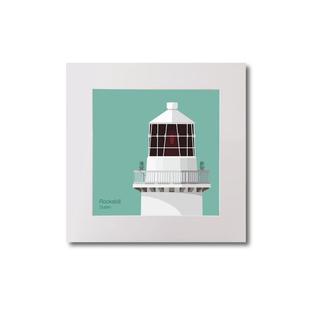 Illustration of Rockabill lighthouse on an ocean green background, mounted and measuring 20x20cm.