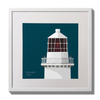 Illustration of Rockabill lighthouse on a midnight blue background,  in a white square frame measuring 30x30cm.