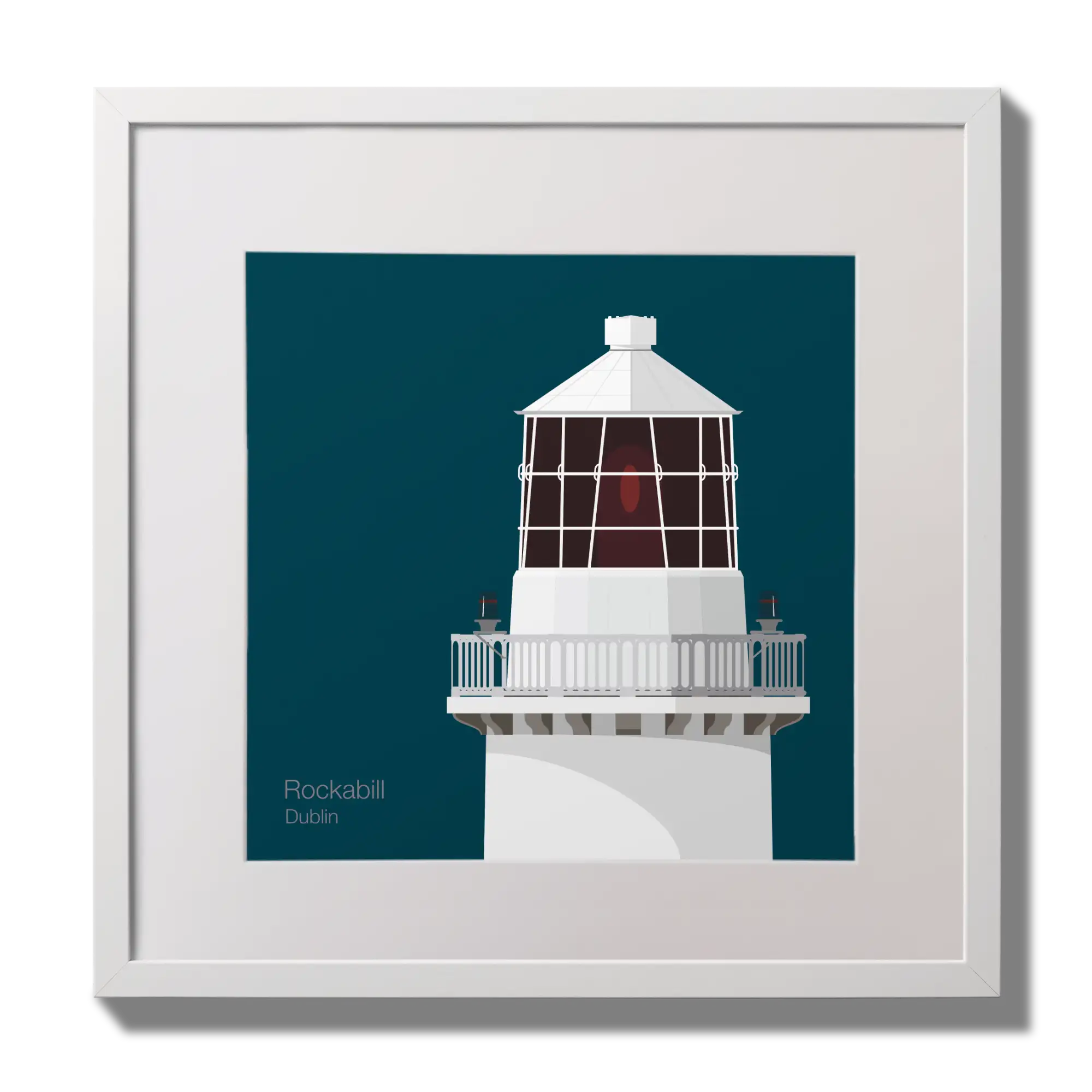 Illustration of Rockabill lighthouse on a midnight blue background,  in a white square frame measuring 30x30cm.