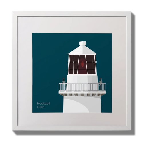 Illustration of Rockabill lighthouse on a midnight blue background,  in a white square frame measuring 30x30cm.