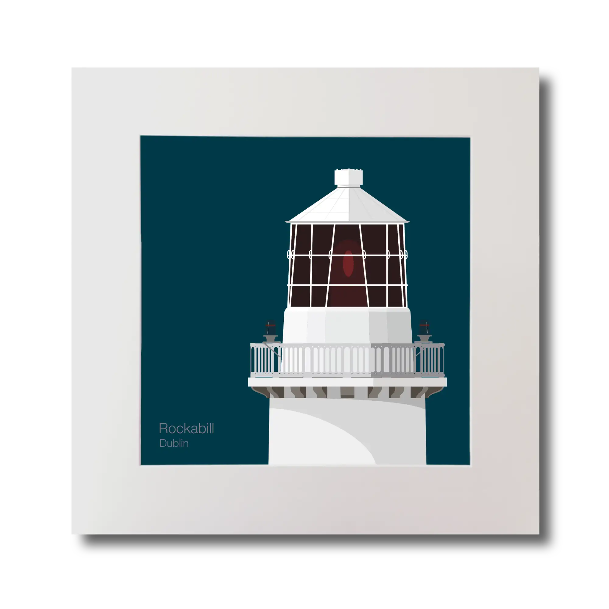 Illustration of Rockabill lighthouse on a midnight blue background, mounted and measuring 30x30cm.