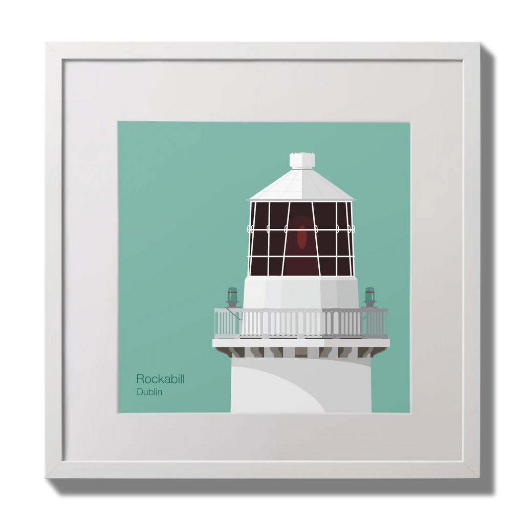 Illustration of Rockabill lighthouse on an ocean green background,  in a white square frame measuring 30x30cm.