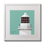 Illustration of Rockabill lighthouse on an ocean green background,  in a white square frame measuring 30x30cm.