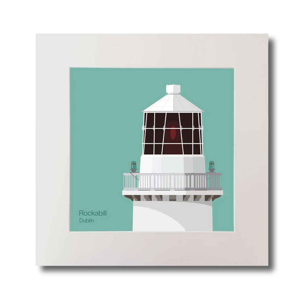 Illustration of Rockabill lighthouse on an ocean green background, mounted and measuring 30x30cm.