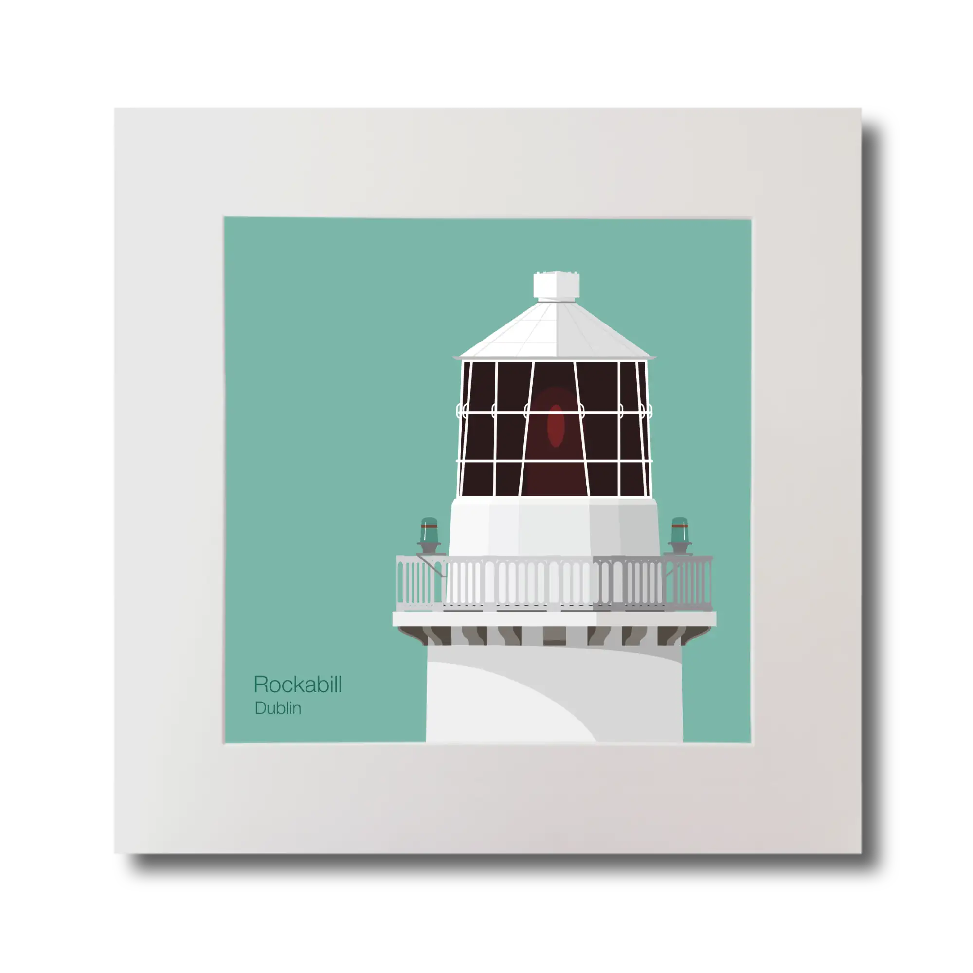 Illustration of Rockabill lighthouse on an ocean green background, mounted and measuring 30x30cm.