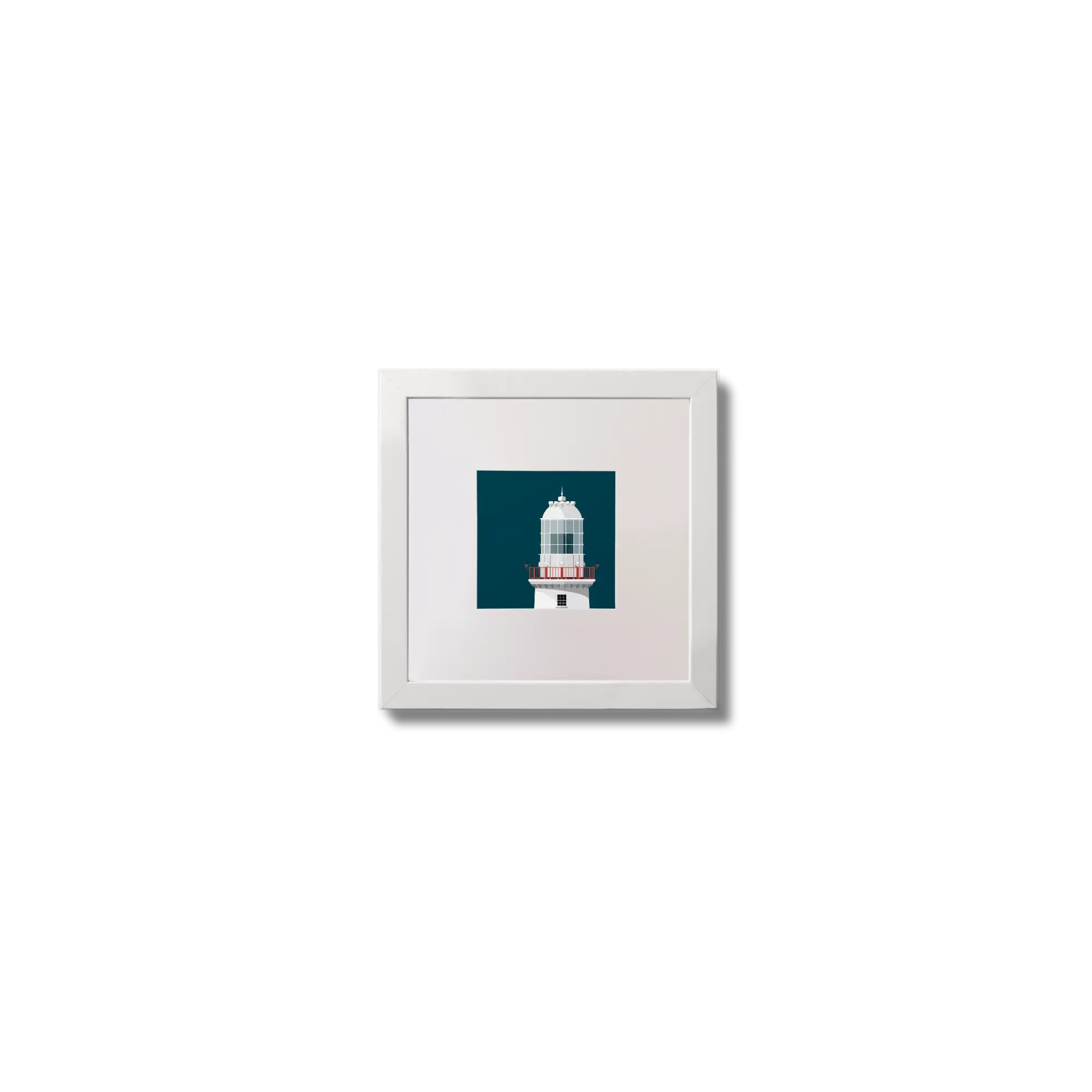 Illustration of Valentia Island lighthouse on a midnight blue background,  in a white square frame measuring 10x10cm.