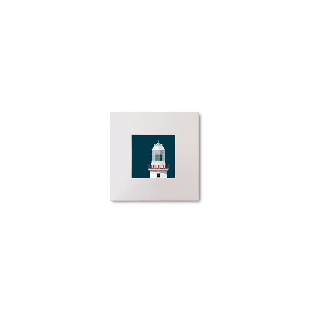 Illustration of Valentia Island lighthouse on a midnight blue background, mounted and measuring 10x10cm.