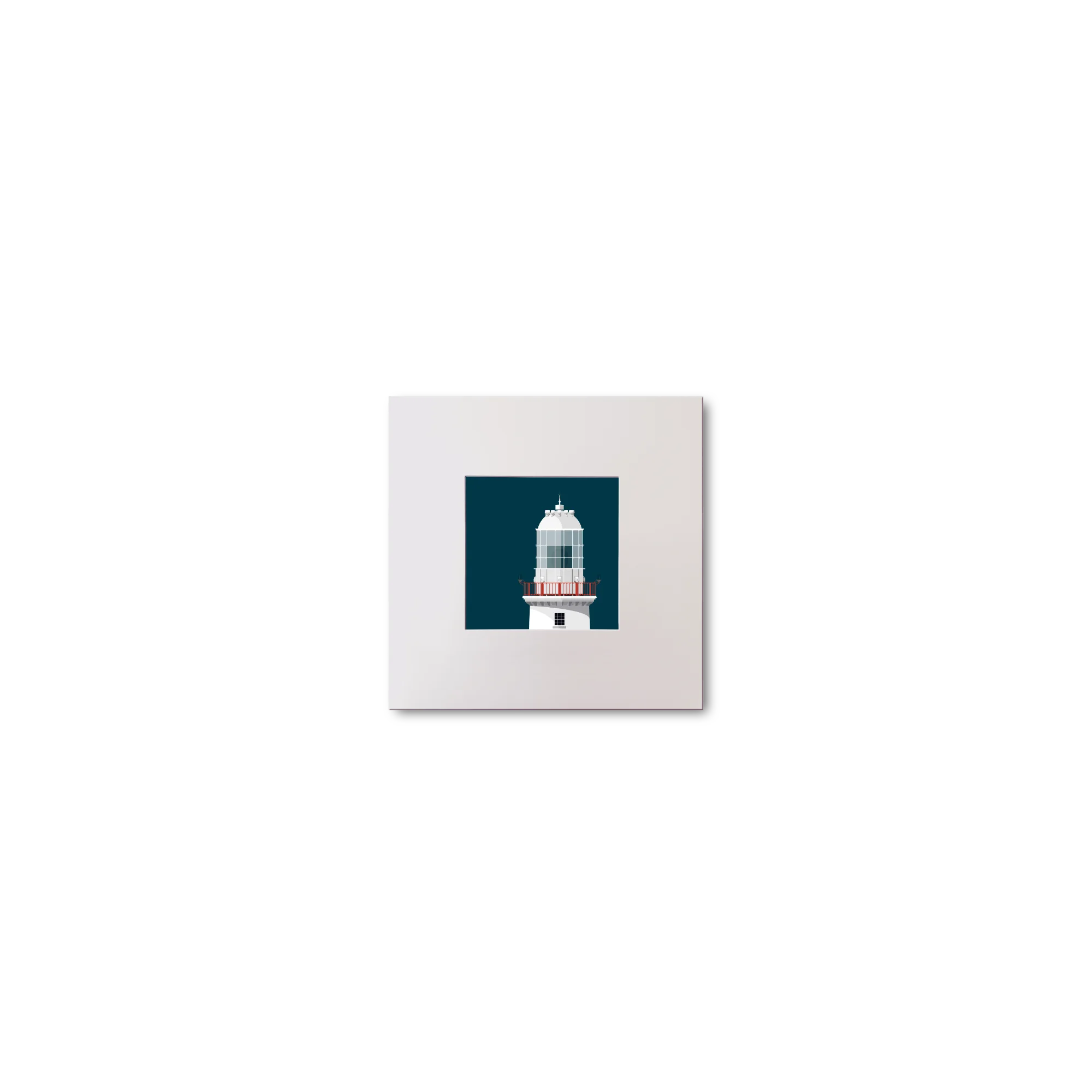 Illustration of Valentia Island lighthouse on a midnight blue background, mounted and measuring 10x10cm.