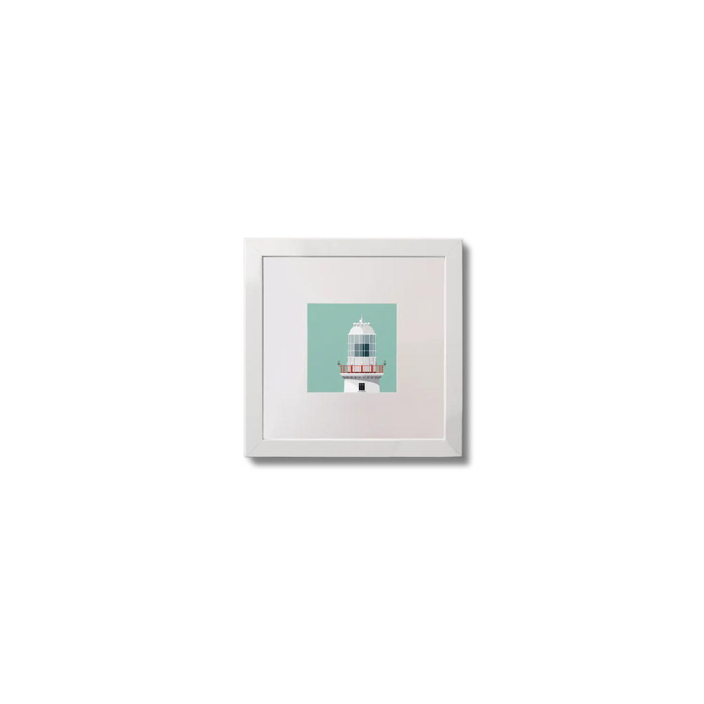 Illustration of Valentia Island lighthouse on an ocean green background,  in a white square frame measuring 10x10cm.