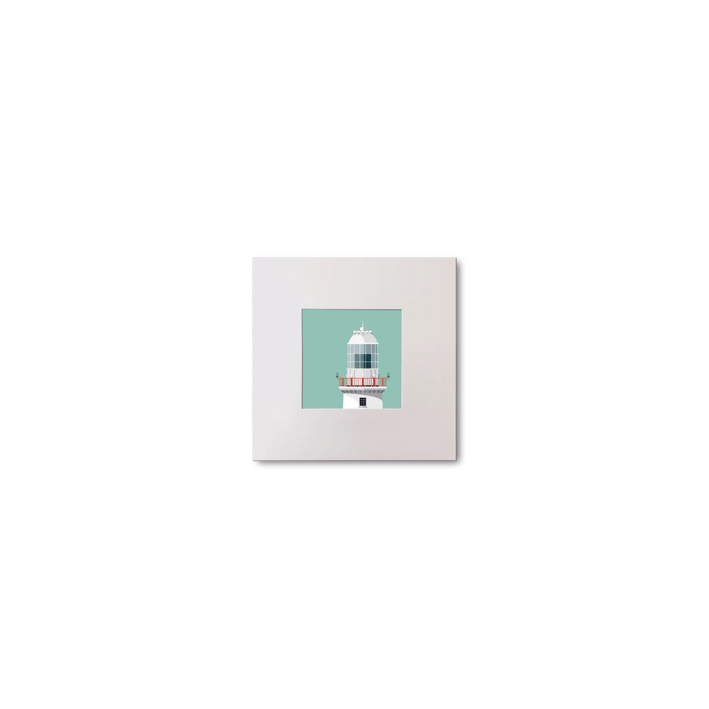 Illustration of Valentia Island lighthouse on an ocean green background, mounted and measuring 10x10cm.