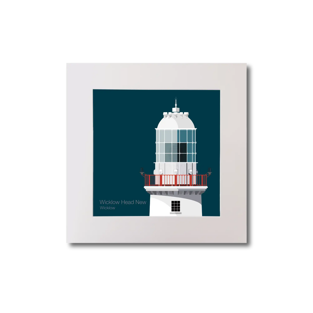 Illustration of Valentia Island lighthouse on a midnight blue background, mounted and measuring 20x20cm.
