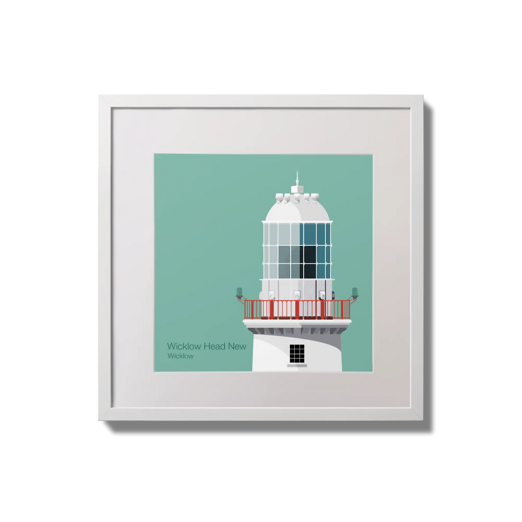Illustration of Valentia Island lighthouse on an ocean green background,  in a white square frame measuring 20x20cm.