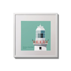Illustration of Valentia Island lighthouse on an ocean green background,  in a white square frame measuring 20x20cm.