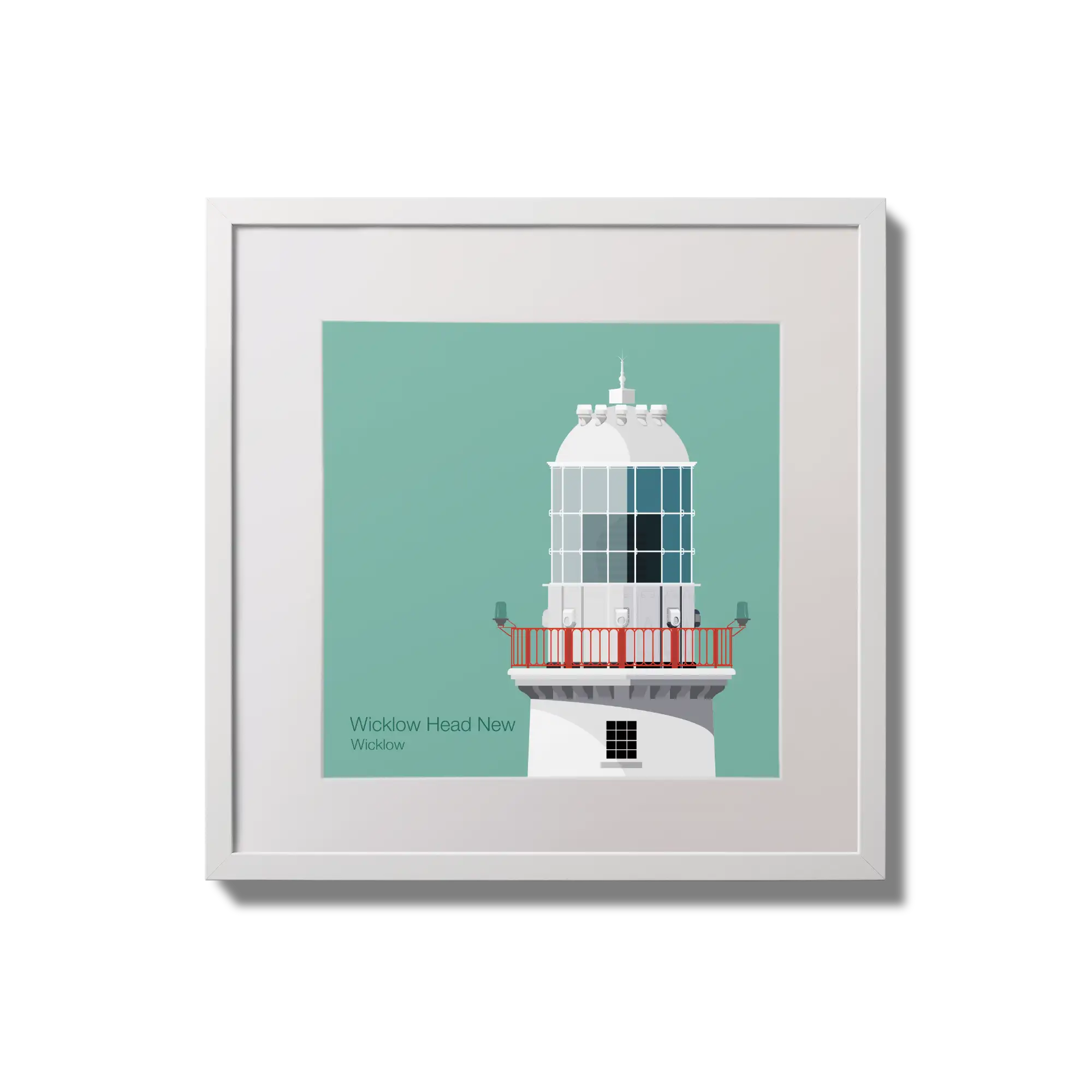 Illustration of Valentia Island lighthouse on an ocean green background,  in a white square frame measuring 20x20cm.