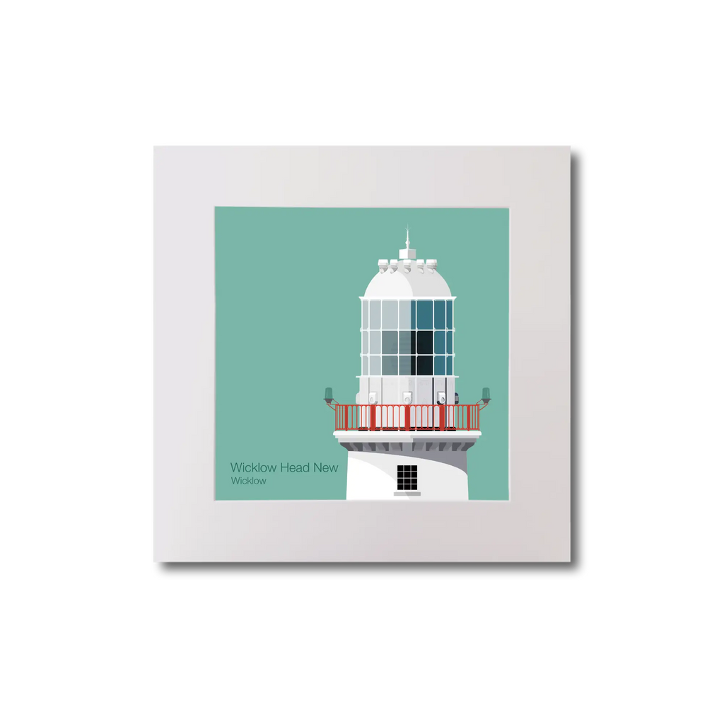 Illustration of Valentia Island lighthouse on an ocean green background, mounted and measuring 20x20cm.