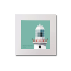 Illustration of Valentia Island lighthouse on an ocean green background, mounted and measuring 20x20cm.
