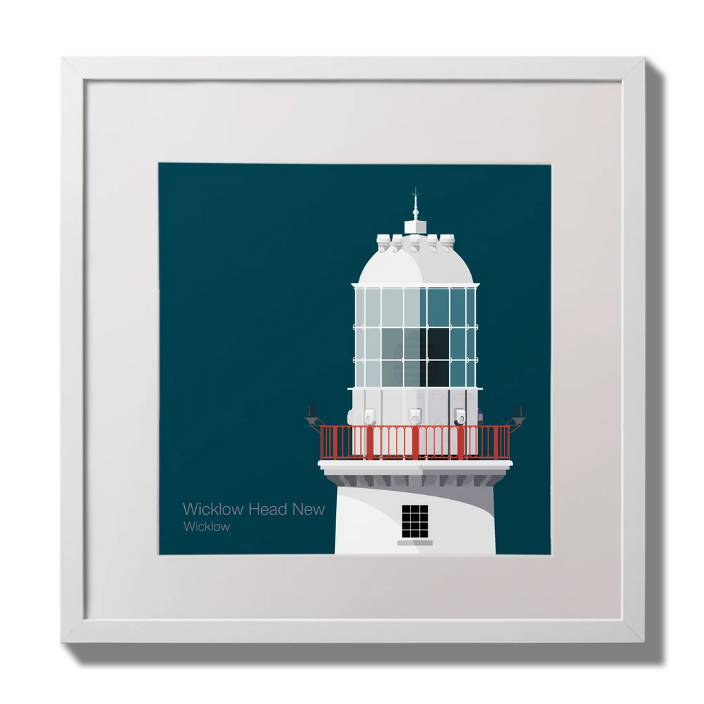 Illustration of Valentia Island lighthouse on a midnight blue background,  in a white square frame measuring 30x30cm.