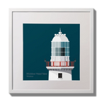 Illustration of Valentia Island lighthouse on a midnight blue background,  in a white square frame measuring 30x30cm.