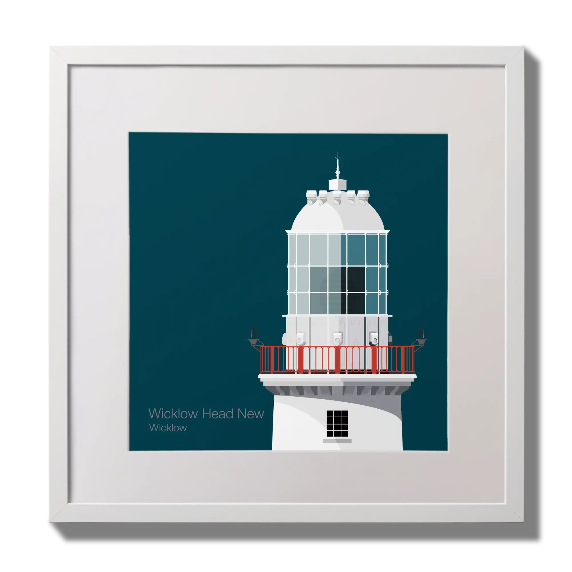 Illustration of Valentia Island lighthouse on a midnight blue background,  in a white square frame measuring 30x30cm.