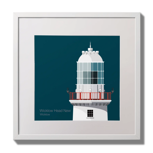 Illustration of Valentia Island lighthouse on a midnight blue background,  in a white square frame measuring 30x30cm.
