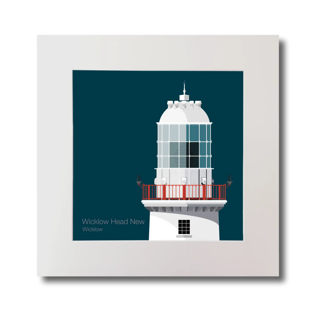 Illustration of Valentia Island lighthouse on a midnight blue background, mounted and measuring 30x30cm.