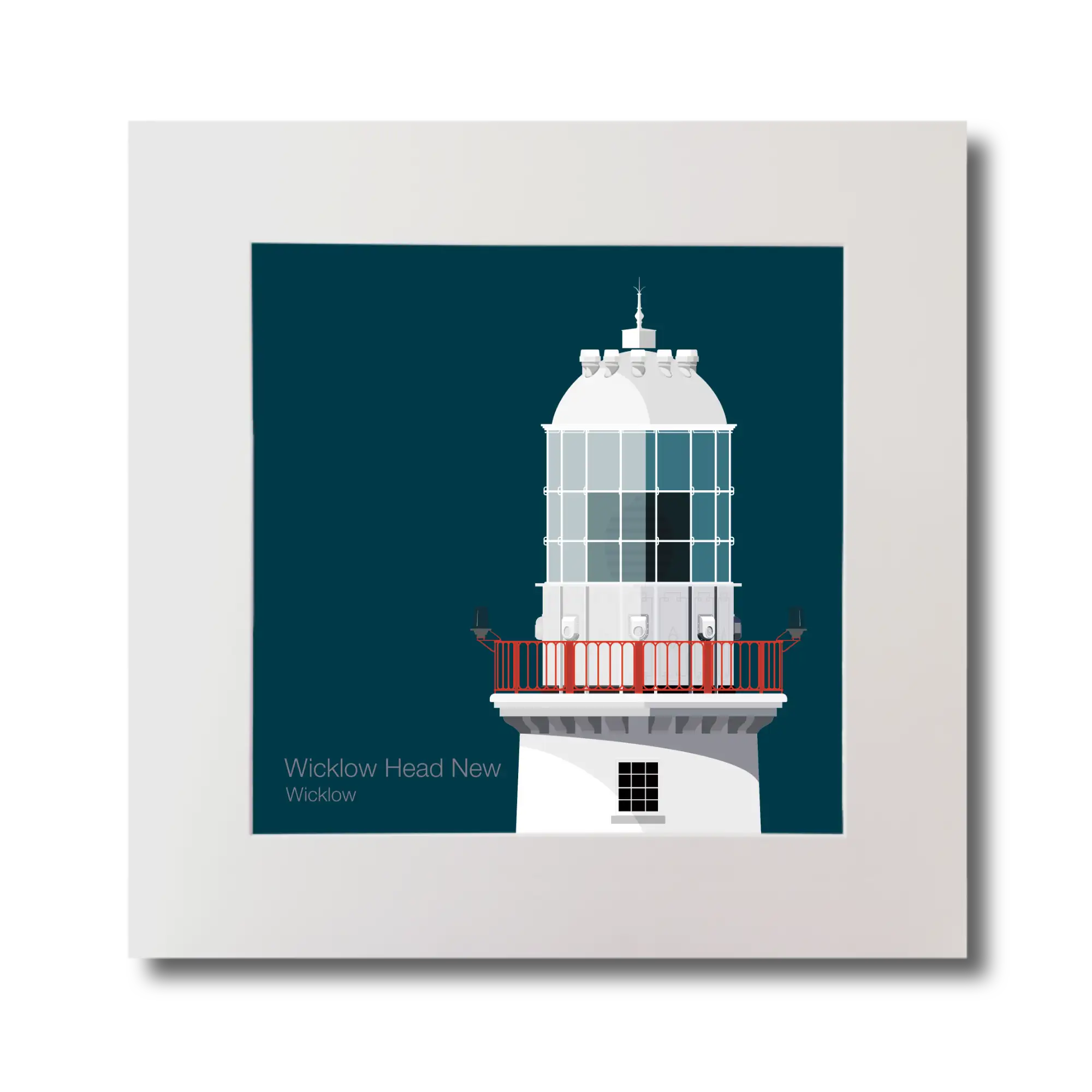 Illustration of Valentia Island lighthouse on a midnight blue background, mounted and measuring 30x30cm.