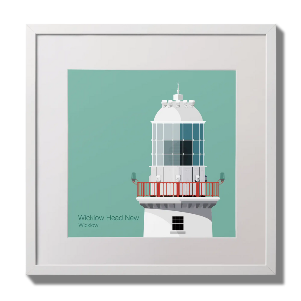 Illustration of Valentia Island lighthouse on an ocean green background,  in a white square frame measuring 30x30cm.