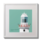 Illustration of Valentia Island lighthouse on an ocean green background,  in a white square frame measuring 30x30cm.