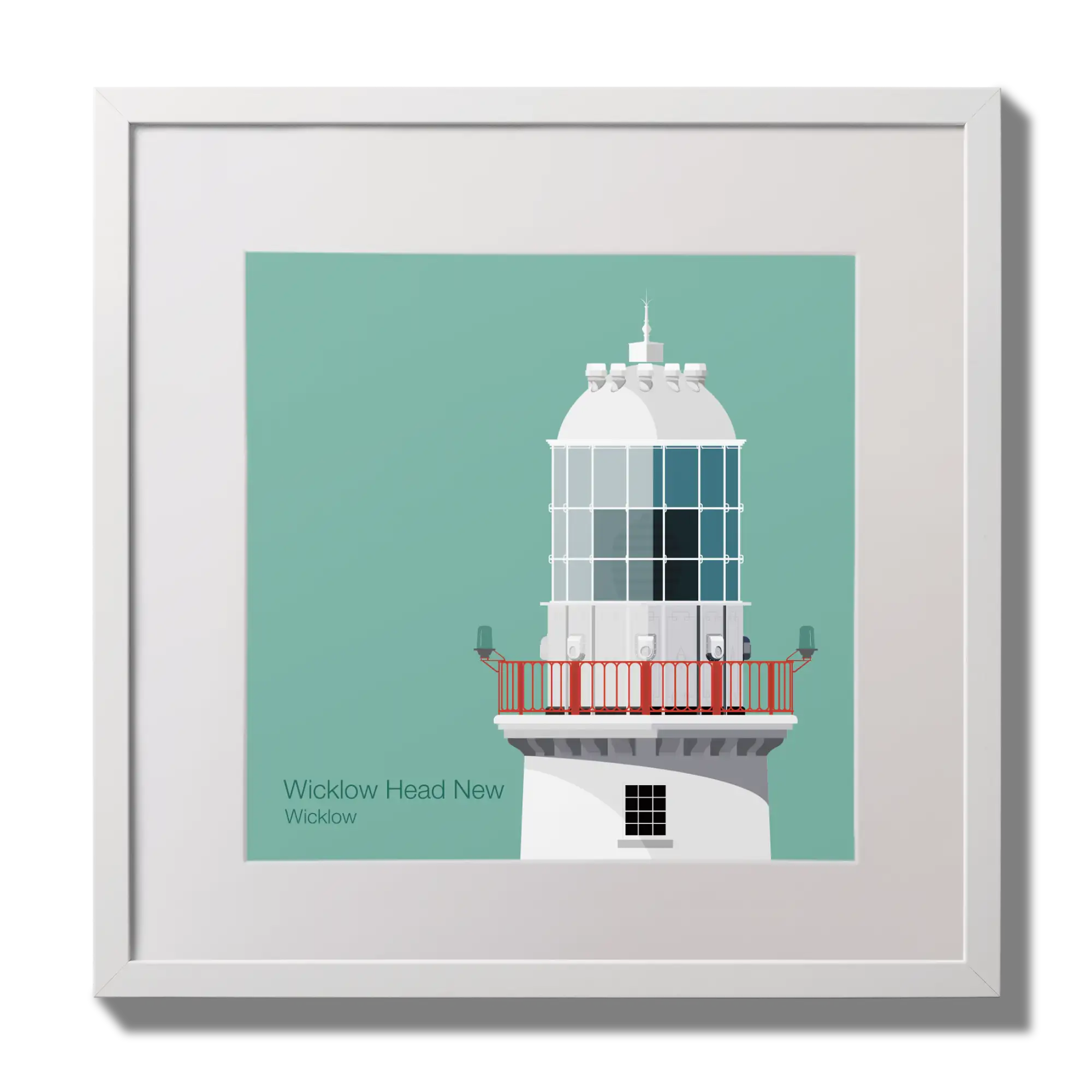 Illustration of Valentia Island lighthouse on an ocean green background,  in a white square frame measuring 30x30cm.