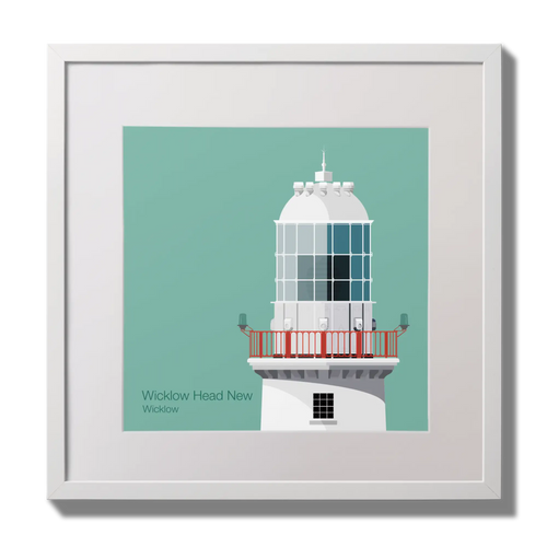 Illustration of Valentia Island lighthouse on an ocean green background,  in a white square frame measuring 30x30cm.