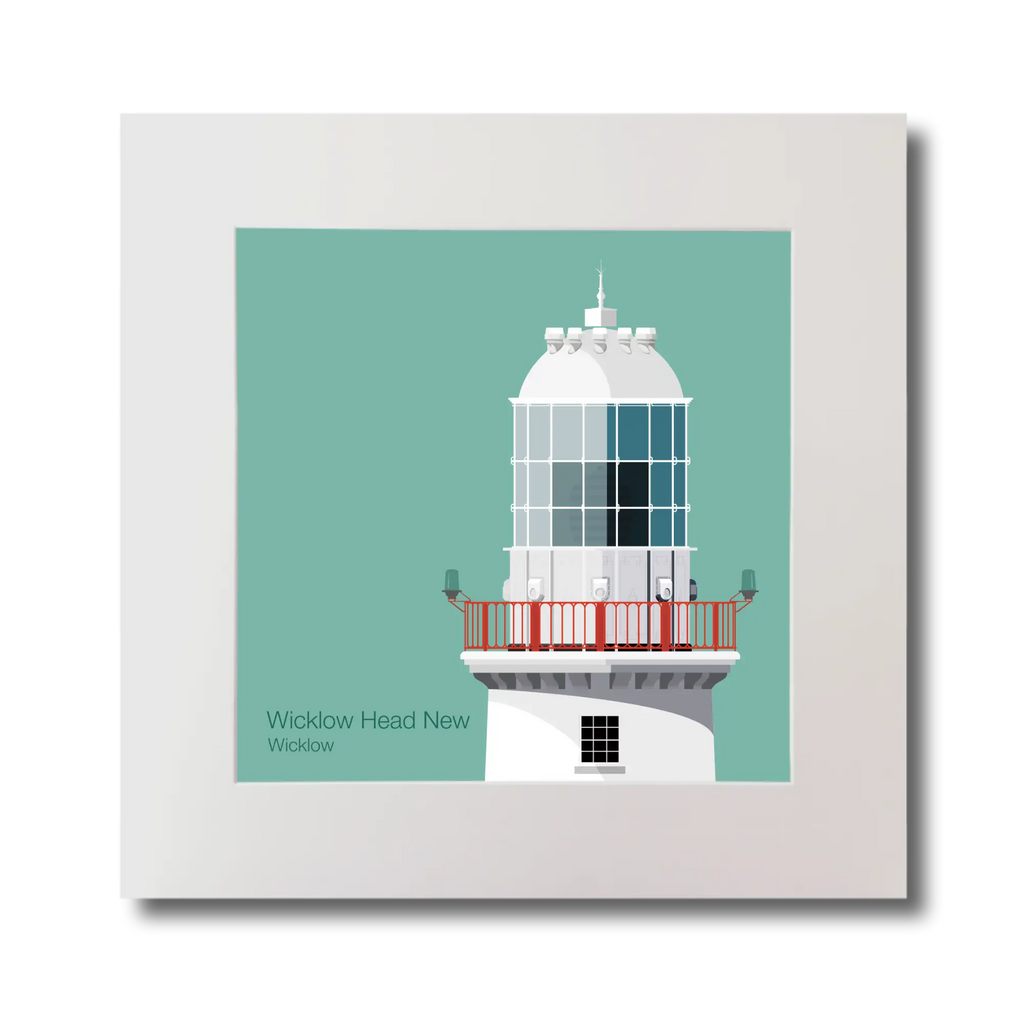 Illustration of Valentia Island lighthouse on an ocean green background, mounted and measuring 30x30cm.