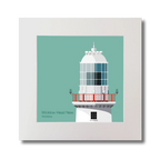 Illustration of Valentia Island lighthouse on an ocean green background, mounted and measuring 30x30cm.