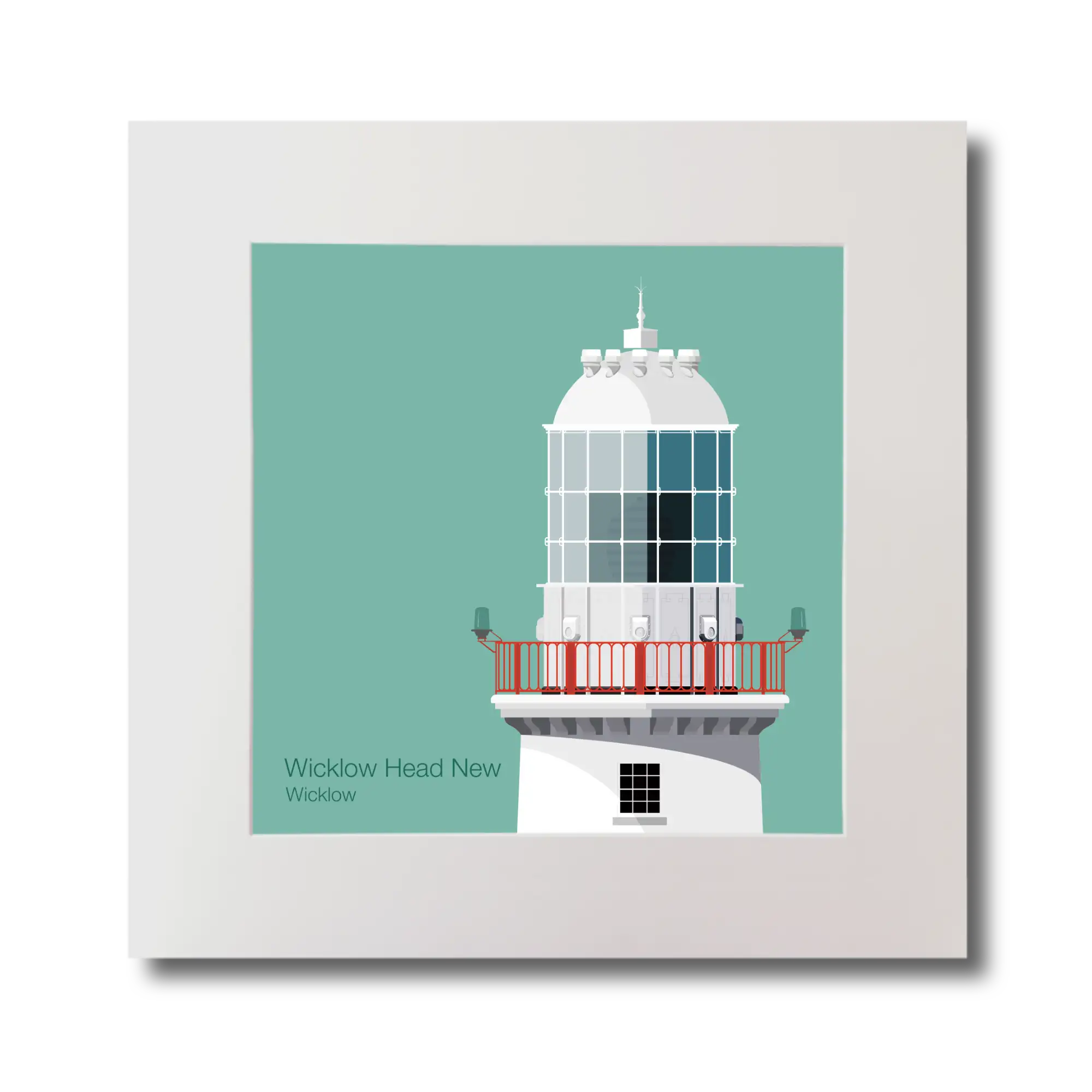 Illustration of Valentia Island lighthouse on an ocean green background, mounted and measuring 30x30cm.