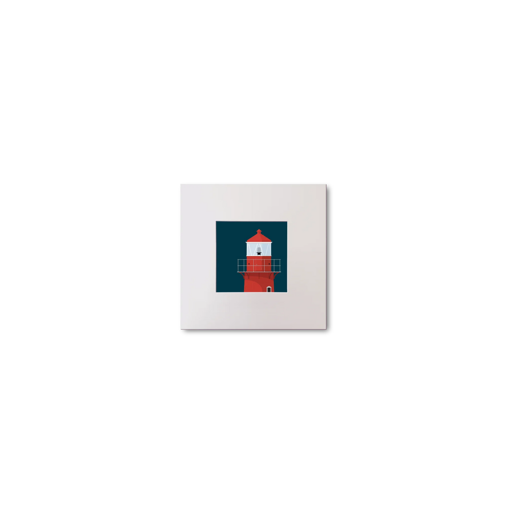 Illustration of Rosslare Harbour lighthouse on a midnight blue background, mounted and measuring 10x10cm.